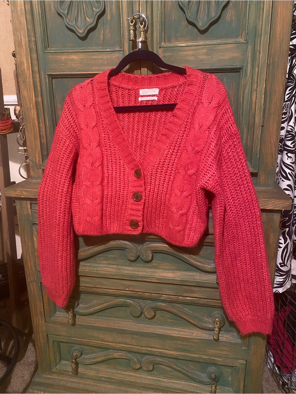 Cropped Cable-Knit Button-Front Sweater Cardigan - Redish Pink